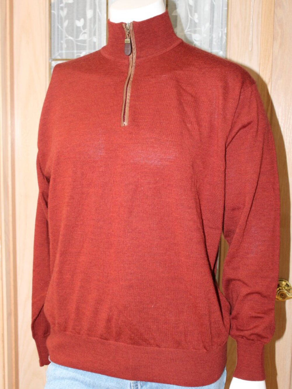 Orvis Men's L Rust Sweater Tight Knit Pullover 100% Meino Wool 1/4 zip